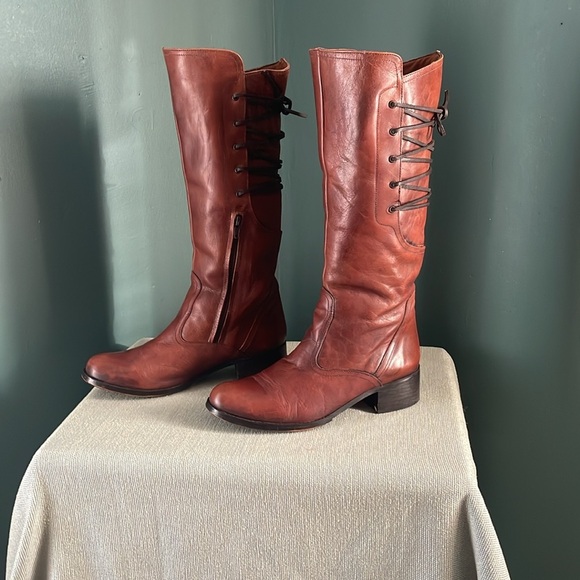 Brown distressed Leather Knee-High Boots lace up back Steve Madden - Picture 3 of 8